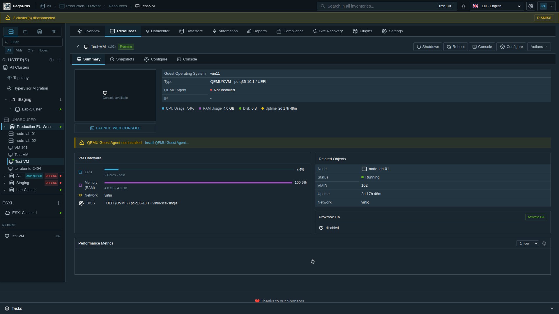 VM detail showing Summary tab with hardware, status, power actions, related objects